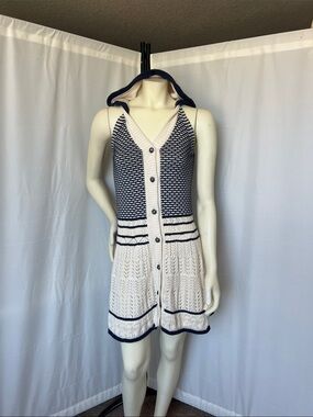 Anthropologie Lia Molly Hooded Button-Front Knit Dress in Navy and Cream
